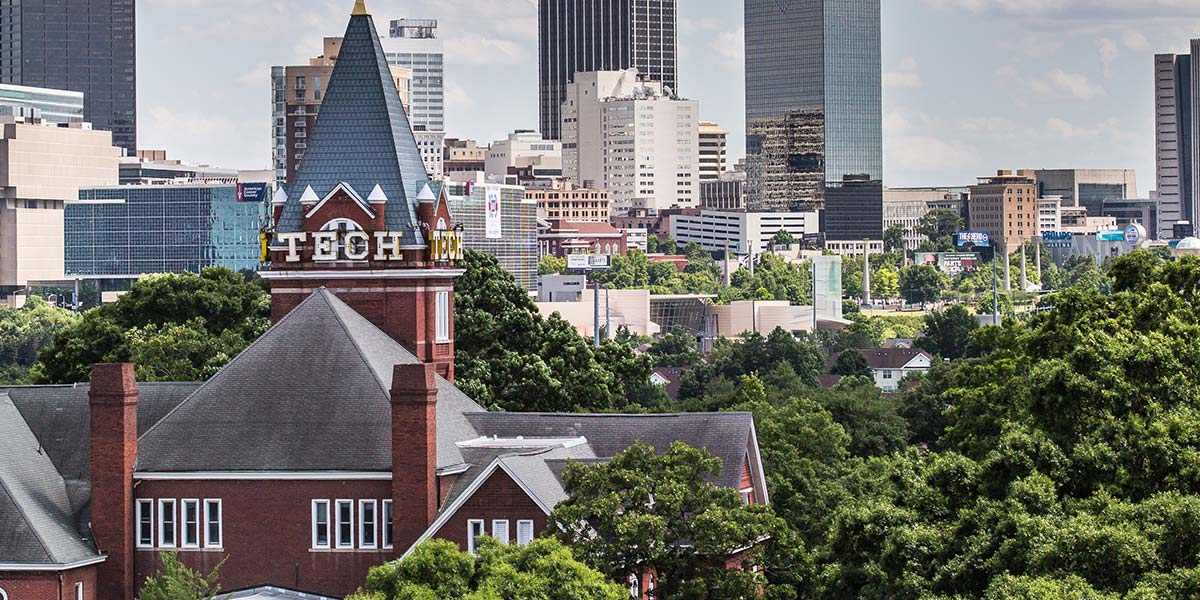Tech Tower with the Atlanta skyline in the background