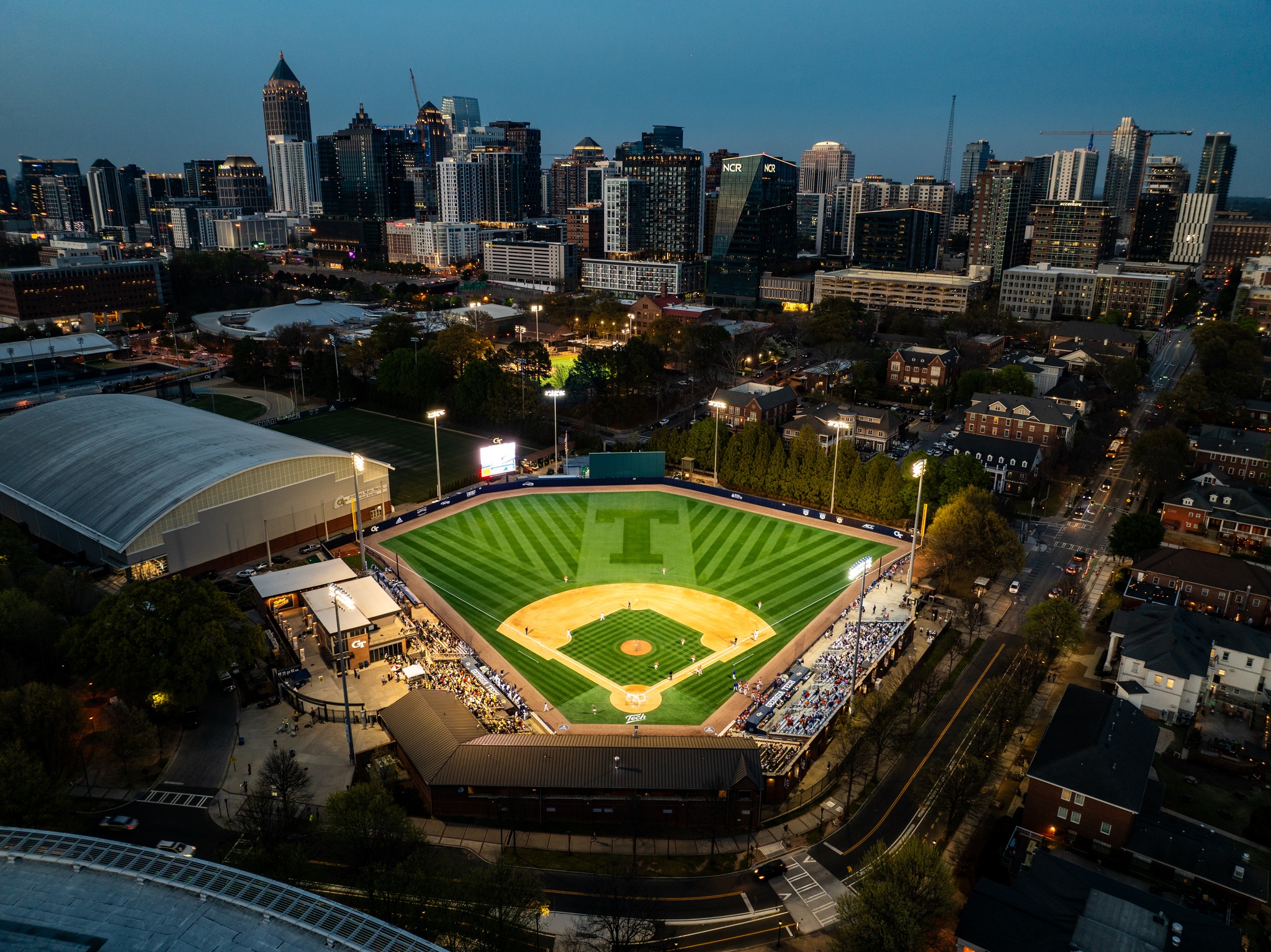 Georgia Tech's baseball field with the skyline behind it