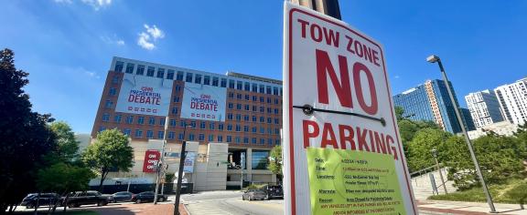 A 'no parking' sign on Fowler Street at Georgia Tech prior to the June 27 presidential debate in Atlanta, Georgia